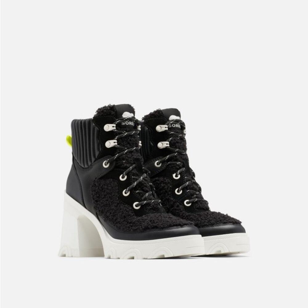 Sorel Brex Heel Black Leather White Cozy Sherpa Lace Up Bootie 7.5